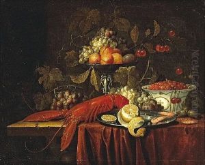 A Still Life With Fruit, Strawberries In A Oriental Bowl And A Lobster Together On A Partially-draped Table by Jan Pauwel Gillemans The Elder