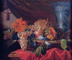 Nature Morte A La Coupe De Fruits Et Au Vase De Delft Sur Un Entablement