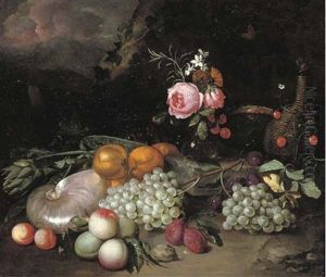 A Nautilus Shell, An Artichoke, Oranges, Peaches, Grapes, A Vase With Flowers, Plums And A Bottle In A Landscape