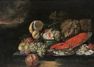 Still Life With A Lobster In A Wan-li Bowl, A Herring On A Silver Plate, Grapes, Peaches, And Figs, A Lemon In A Roemer, Pumpkins, A Pomegranate, Oysters And Crabs by Jan Pauwel Gillemans The Elder