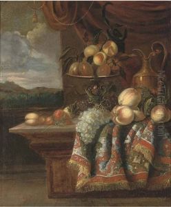 Peaches, Grapes And Strawberries In A Tazza And A Pitcher On A Partly-draped Table In An Interior, A Landscape Beyond