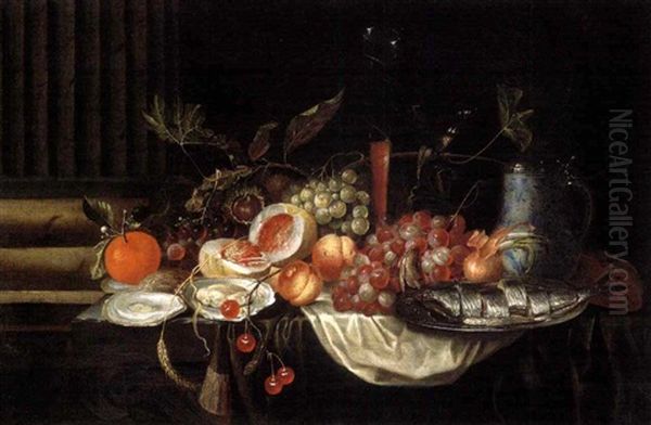 Un Hareng, Des Huitres, Un Verre De Vin, Un Oignon, Une Aiguiere, Du Pain Et Des Fruits Sur Un Entablement Drape - view 1
