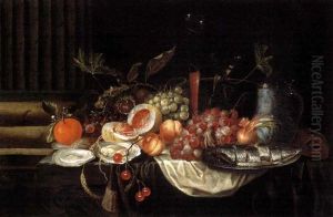 Un Hareng, Des Huitres, Un Verre De Vin, Un Oignon, Une Aiguiere, Du Pain Et Des Fruits Sur Un Entablement Drape