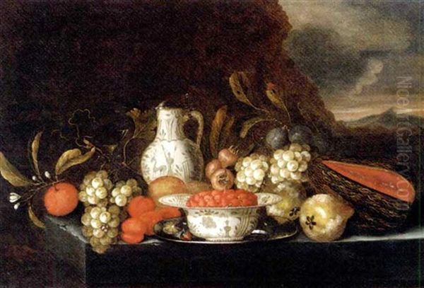 Grapes, Plums, Figs, Pears, Peaches, Oranges, A Melon, A Kraak Porcelain Bowl Of Strawberries On A Pewter Platter With A Jug And A Glass Of Wine On A Stone Ledge In A Landscape - view 1
