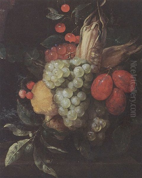 A Still Life With A Bunch Of White And Black Grapes, Prunes, Lemons, Corn, Cherries And Strawberries Hanging Above A Stone Ledge - view 1