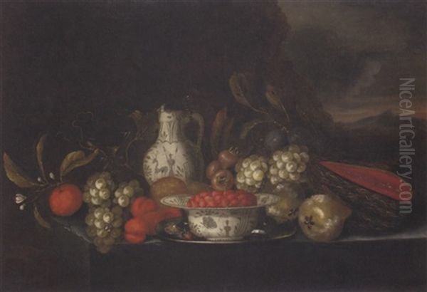Grapes, Plums, Figs, Pears, Peaches, Oranges, A Melon, A Kraak Porcelain Bowl Of Strawberries, On A Pewter Platter With A Jug And A Glass Of Wine On A Stone Ledge In A Landscape - view 1