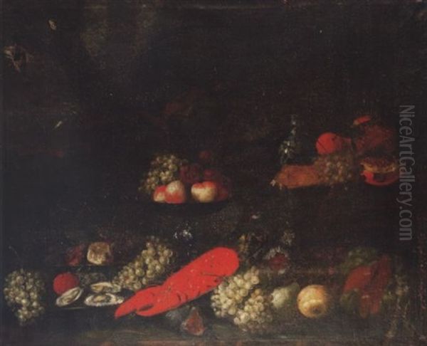 A Lobster With Grapes, A Melon, Figs And Other Fruit, With A Wan-li Kraak Bowl Of Fruit, A Silver Tazza With Fruit And A Delft Ware Jug In A Landscape - view 1