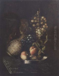 Peaches On A Pewter Plate, A Wine Flask And Black And White Grapes On A Marble Top Table