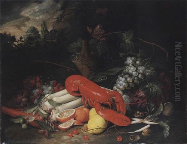 Still Life Of A Lobster, Leeks, Carrots, Radishes, Cabbage, Grapes, Oranges, Lemons, Cherries And Walnuts - view 1