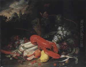 Still Life Of A Lobster, Leeks, Carrots, Radishes, Cabbage, Grapes, Oranges, Lemons, Cherries And Walnuts by Jan Pauwel Gillemans The Elder