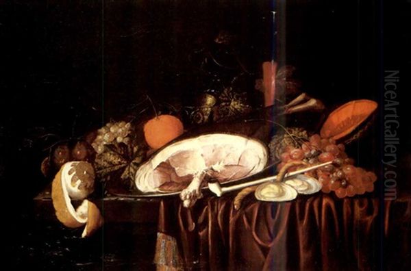 A Ham On A Pewter Plate, A Pipe, Oysters, Red Grapes, A Melon, A Facon De Venise Of Red Wine, A Roemer, And Other Fruits On A Partially Draped Table - view 1