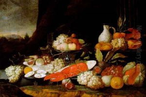 Stilleben Mit Fruchten, Austern, Einem Hummer Und Porzellanschalen Sowie Einer Silbernen Tazza In Einer Landschaft