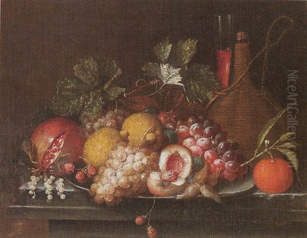 Still Life Of Peaches, Lemons, Grapes, Strawberries And Nuts Upon A Pewter Dish Together With Other Fruit And A Cask Of Wine Upon A Stone Ledge - view 1