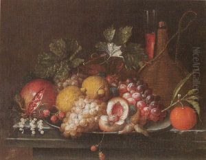 Still Life Of Peaches, Lemons, Grapes, Strawberries And Nuts Upon A Pewter Dish Together With Other Fruit And A Cask Of Wine Upon A Stone Ledge