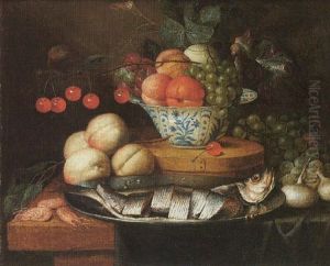 Still Life Of Fruits In A Blue And White Bowl, Together With Peaches, Grapes, Prawns, Onions And Herring On A Pewter Dish On A Partly Draped Table by Jan Pauwel Gillemans The Elder