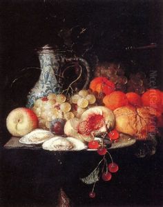 A Halved Peach, A Sprig Of Cherries, Oysters On A Pewter Plate, Grapes And Other Fruit