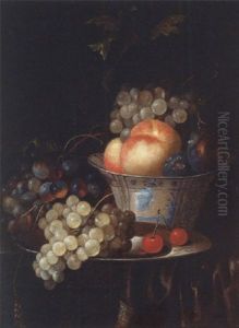 Peaches, Plums And Grapes In A Wan Li Kraak Porselein Bowl, With Grapes And Cherries On A Pewter Plate, On A Draped Ledge by Jan Pauwel Gillemans The Elder