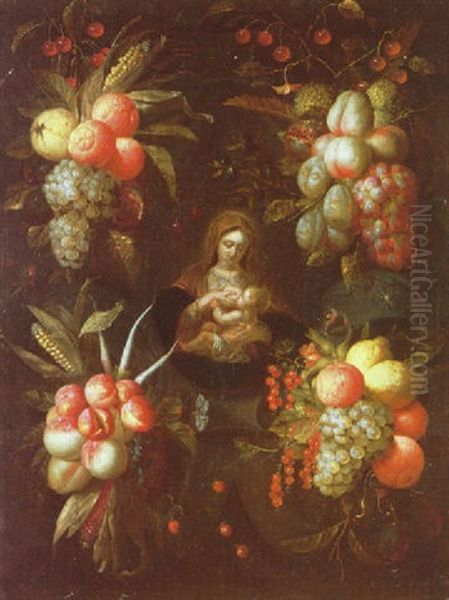 The Virgin And Child Set In A Stone Cartouche Decorated With Garlands Of Fruit - view 1