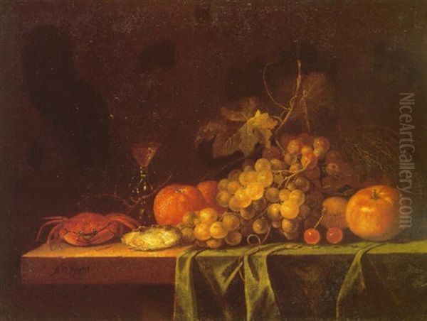 A Still Life Of Grapes, An Apple, Oranges, An Oyster, A Glass Of White Wine And A Crab On A Partially Draped Table - view 1