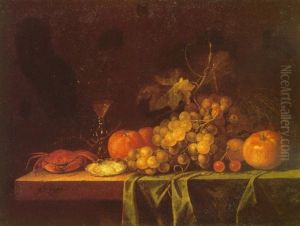 A Still Life Of Grapes, An Apple, Oranges, An Oyster, A Glass Of White Wine And A Crab On A Partially Draped Table