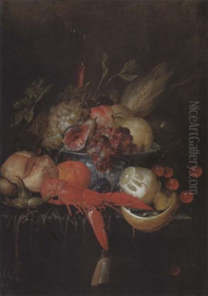 Grapes And Other Fruit, A Corn Cob And A Fig In A Blue And White Porcelain Bowl, A Flute Of Red Wine, A Crayfish, And Bread On A Draped Stone Ledge - view 1