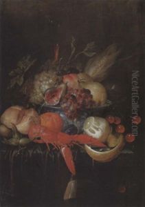 Grapes And Other Fruit, A Corn Cob And A Fig In A Blue And White Porcelain Bowl, A Flute Of Red Wine, A Crayfish, And Bread On A Draped Stone Ledge by Jan Pauwel Gillemans The Elder