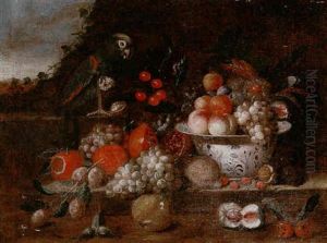 Still Life Of Peaches, Grapes, Oranges, Cherries And Pears In A Blue And White Bowl, Upon A Ledge, With A Parrot