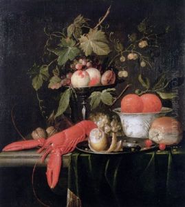 A Still Life Of Peaches, Grapes And Vines On A Tazza, A Porcelain Bowl With Oranges, And Other Objects On A Stone Ledge by Jan Pauwel Gillemans The Elder