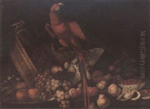 A Parrot On An Upturned Basket Of Grapes, Oranges, A Pewter Plate And Other Fruit by Jan Pauwel Gillemans The Elder