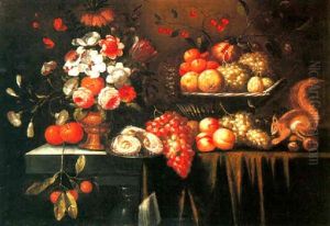 A Still Life Of Fruits And Flowers With A Squirrel On A Ledge by Jan Pauwel Gillemans The Elder