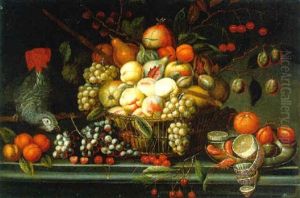 Peaches, Grapes And Other Fruits In A Basket, With A Parrot, Cherries And A Pewter Plate With An Orange, Prawns And A Peeled Lemon On A Stone Ledge by Jan Pauwel Gillemans The Elder