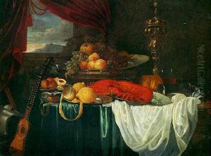 A 'pronk' Still Life With Grapes, Peaches And Pears On A Wan-li-dish On A Basket, A Lobster, On A Plate Lemon And Peaches In Pewter Plate On A Draped Table by Jan Pauwel Gillemans The Elder