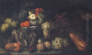 Still Life Of Fruit In A Blue And White Porcelain Bowl, And An African Grey Parrot, All On A Draped With A White Cloth by Jan Pauwel Gillemans The Elder