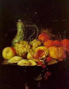 A Halved Peach, A Sprig Of Cherries And Oysters On A Pewter Plate, With Fruit And A Bread Roll On A Table by Jan Pauwel Gillemans The Elder