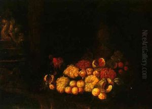 Still Life Of Grapes, Apricots, Pomegranates And Melon In Front Of Garden Statuary by Jan Pauwel Gillemans The Elder