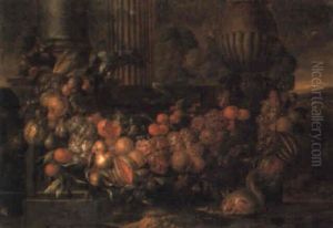 A Swag Of Melons And Other Fruit With A Parrot And Squirrel In A Landscape by Jan Pauwel Gillemans The Elder