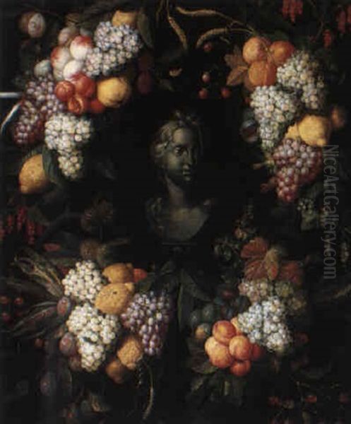 Female Head Framed By A Fruit Garland - view 1