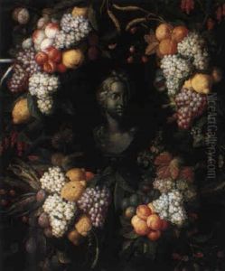 Female Head Framed By A Fruit Garland by Jan Pauwel Gillemans The Elder