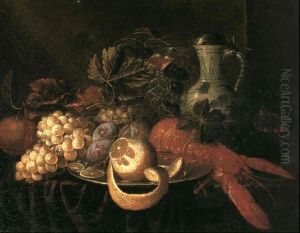 A Still Life With A Lobster, A Plate Of Fruit Including A   Half Peeled Lemon, Plums, A Bunch Of Grapes And Vines, A