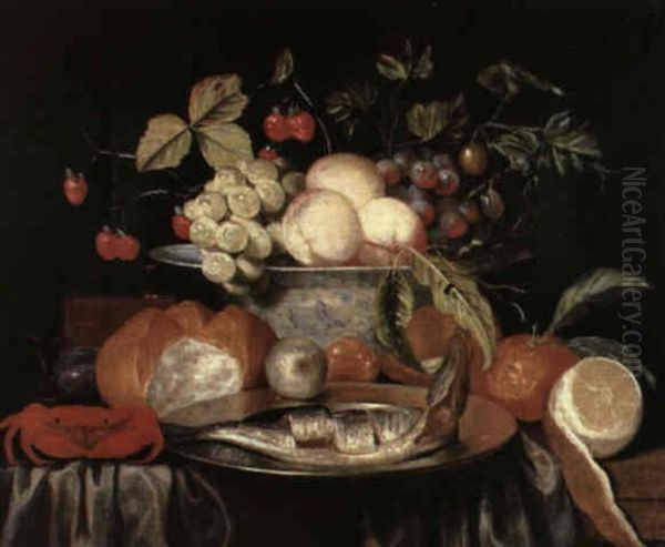 A Still Life With A Bowl Of Assorted Fruit Upon A Table With A Crab, Bread, A Plate With A Herring, An Orange And A by Jan Pauwel Gillemans The Elder