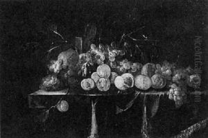 A Still Life Of Grapes, Plums And Peaches On A Stone Ledge Draped With A Green Cloth by Jan Pauwel Gillemans The Elder