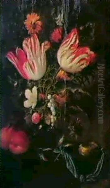 Vase Fleuri De Tulipes Et De Muguet Et Montre               Disposes Sur Un Entablement - view 1