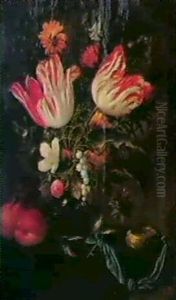 Vase Fleuri De Tulipes Et De Muguet Et Montre Disposes Sur Un Entablement by Jan Pauwel Gillemans The Elder