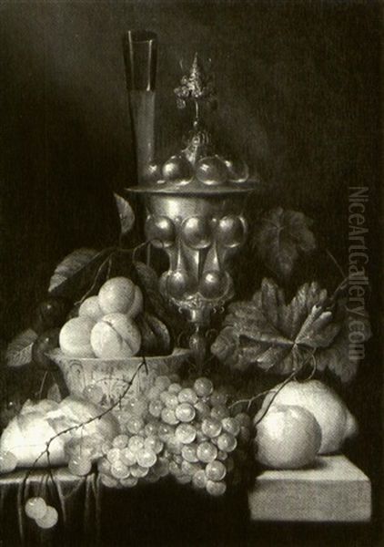 Still Life Of Peaches And A Fig In A Blue And White Bowl A Gilt Covered Cup A Wine-glass Grapes A Bread Roll A Lemon - view 1