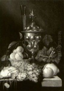 Still Life Of Peaches And A Fig In A Blue And White Bowl A  Gilt Covered Cup A Wine-glass Grapes A Bread Roll A Lemon