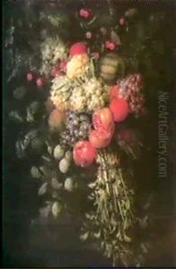 A Still Life Of Peaches Grapes Apples Oranges Figs Plums    Sweet Chestnuts Cherries And An Artichoke On A Stone Ledge(2 by Jan Pauwel Gillemans The Elder