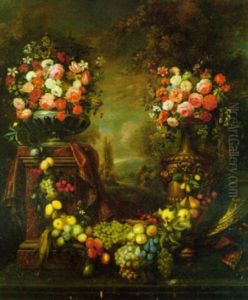 A Garland Of Fruit Draped Between A Pedestal With An Urn Of Flowers And A Large Vase With Flowers, In A Landscape