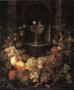 A Still Life Of Fruit Below A Roemer On A Ledge