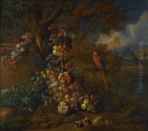 Still Life Of Fruit And Vegetables In A Park Landscape, With A Macaw And Two Guinea Pigs