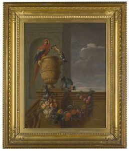 A Macaw And A Hoopoe Perched On A Stone Urn With A Parrot On The Balustrade From Which Hangs A Swag Of Fruit by Jan Pauwel Gillemans the Younger